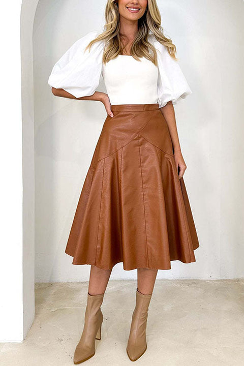 Heididress High Waist Faux Leather A-line Flare Midi Skirt