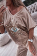 Heididress Sequin Pattern V Neck Short Sleeve Top with Pocketed Pants Casual Set