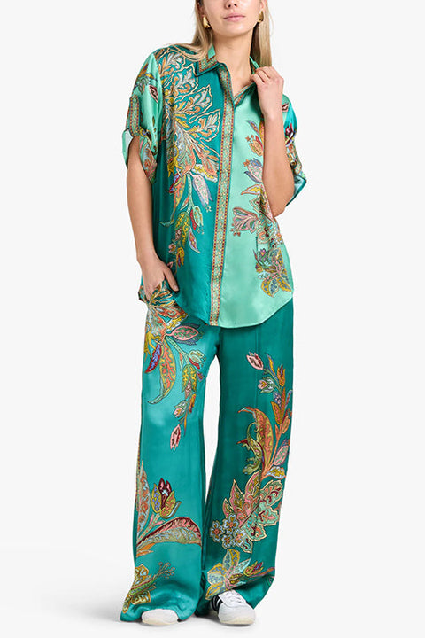 Heididress Roll Up Short Sleeves Shirt and Wide Leg Pants Printed Satin Set