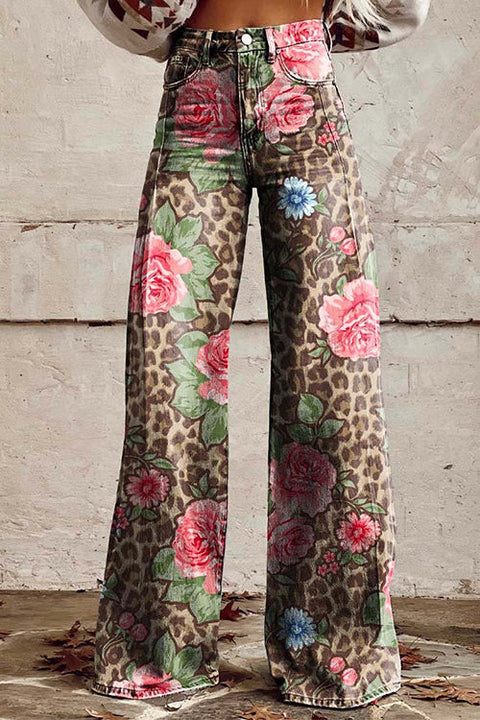 Heididress Leopard Floral Print Wide Leg Pocketed Pants