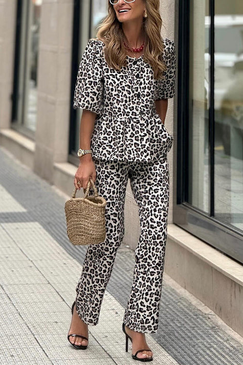 Heididress Half Sleeves Button Up Ruffle Shirt and Straight Leg Pants Leopard Set