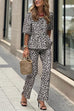 Heididress Half Sleeves Button Up Ruffle Shirt and Straight Leg Pants Leopard Set