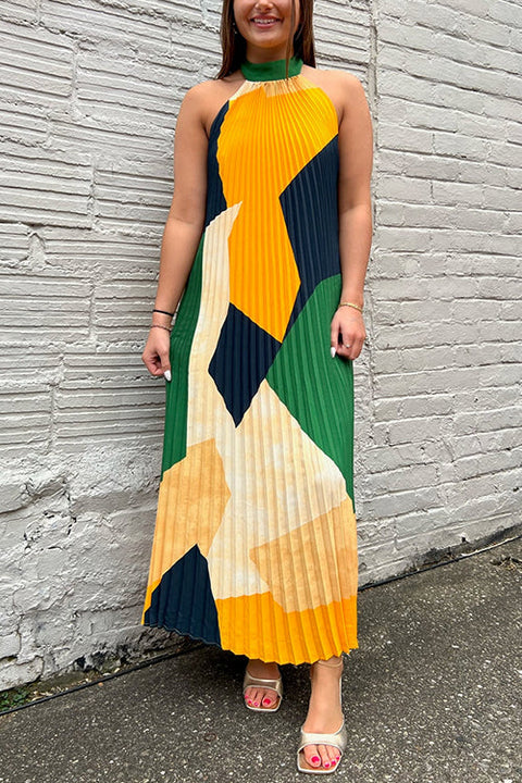 Heididress Halter Backless Color Block Printed Maxi Pleated Dress