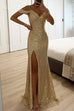 Heididress V Neck Cold Shoulder High Slit Sequin Maxi Prom Dresses