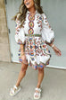 Heididress Lantern Sleeves Button Up Waisted Bohemia Print Mini Dress