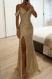 Heididress V Neck Cold Shoulder High Slit Sequin Maxi Prom Dresses