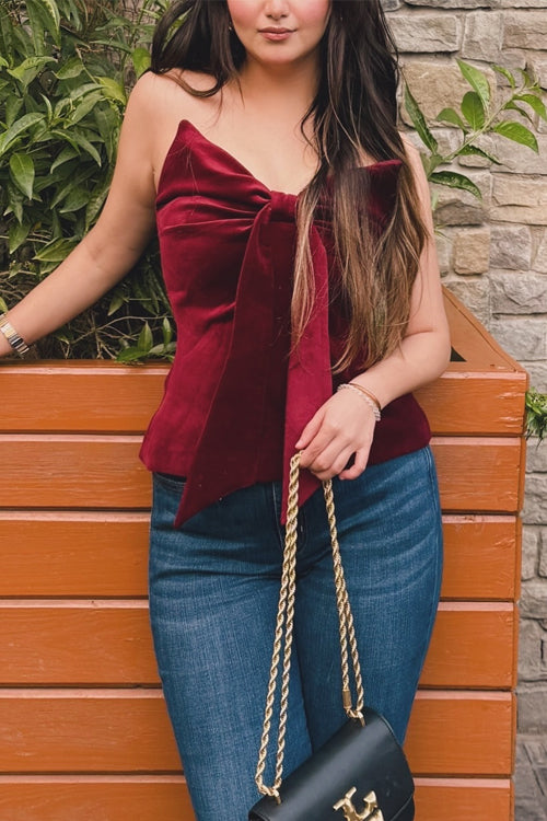 Strapless V Neck Velvet Bow Top