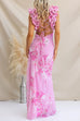 V Neck Backless Lace-up Frill Trim Floral Print Maxi Dress