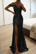 Heididress V Neck Cold Shoulder High Slit Sequin Maxi Prom Dresses