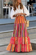 Heididress Elastic Waist Ruffle Tiered Color Block Printed Maxi Skirt