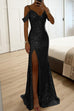 Heididress V Neck Cold Shoulder High Slit Sequin Maxi Prom Dresses