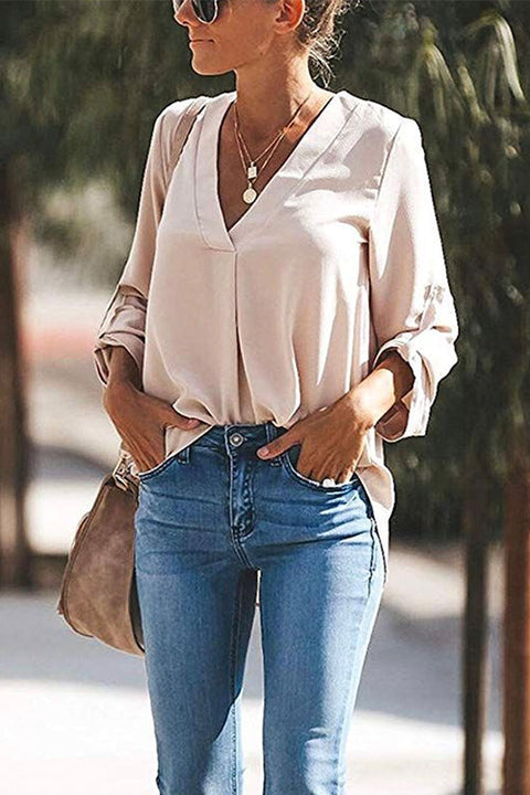 Heididress V Neck Roll Up Long Sleeves Blouse Shirt