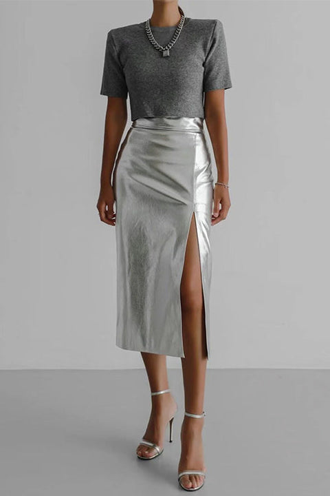 Heididress High Waist Slit Front Faux Leather Midi Skirt