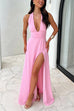 Heididress Deep V Neck Halter Tie Knot Backless Slit Maxi Dress