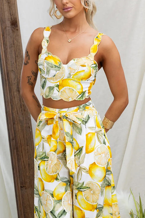 Tie Bow Backless Lemon Print Crop Cami Top