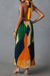 Heididress Halter Backless Color Block Printed Maxi Pleated Dress