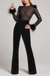 Heididress Feather Cuffs Bell Bottom Velvet Splice Jumpsuit