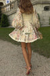 Heididress V Neck Lantern Sleeves Floral Print A-line Mini Dress