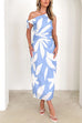 Tie Knot One Shoulder Abstract Leaf Print Midi Dress