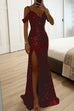 Heididress V Neck Cold Shoulder High Slit Sequin Maxi Prom Dresses