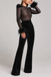 Heididress Feather Cuffs Bell Bottom Velvet Splice Jumpsuit