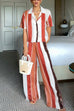 Heididress Striped Short Sleeves Button Down Shirt Wide Leg Pants Set