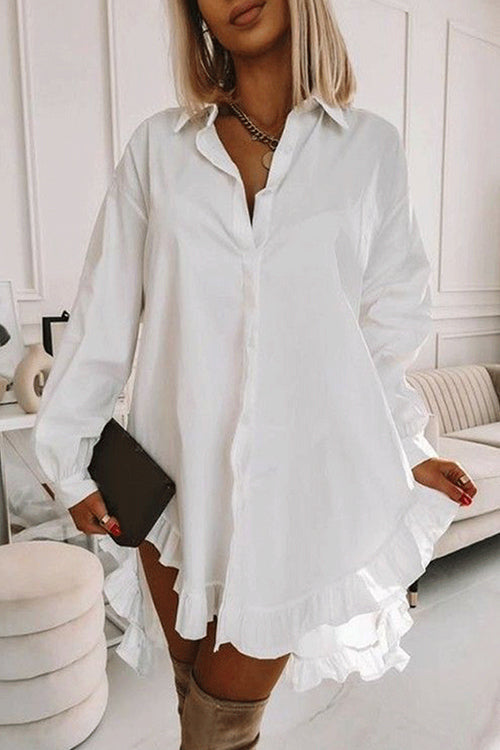 Heididress Button Down Long Sleeves Curve Hem Ruffle Shirt