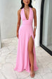 Heididress Deep V Neck Halter Tie Knot Backless Slit Maxi Dress