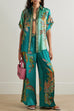 Heididress Roll Up Short Sleeves Shirt and Wide Leg Pants Printed Satin Set