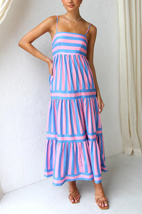 Heididress Spaghetti Strap Ruffle Tiered Color Block Striped Maxi Dress