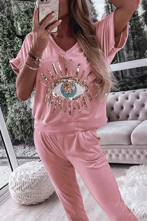 Heididress Sequin Pattern V Neck Short Sleeve Top with Pocketed Pants Casual Set