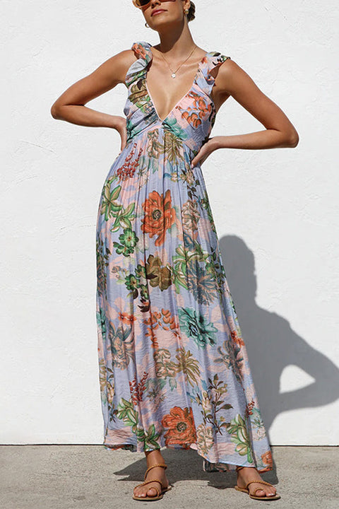 Heididress Sleeveless V Neck Floral Print Maxi Holiday Dress