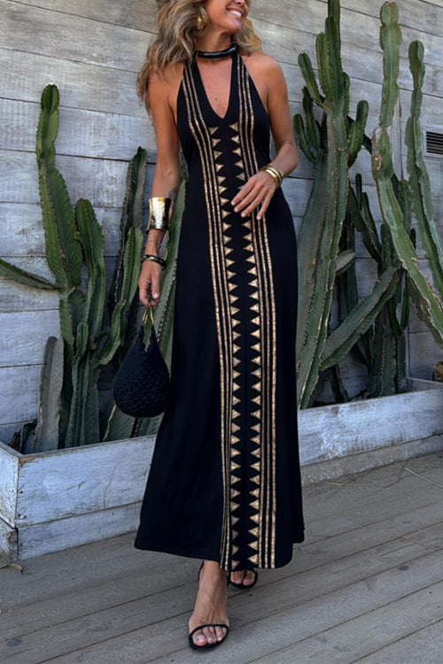 V Neck Halter Open Back Printed Maxi Dress