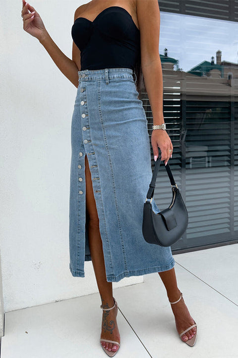 Heididress Button Down Slit Midi Denim Skirt