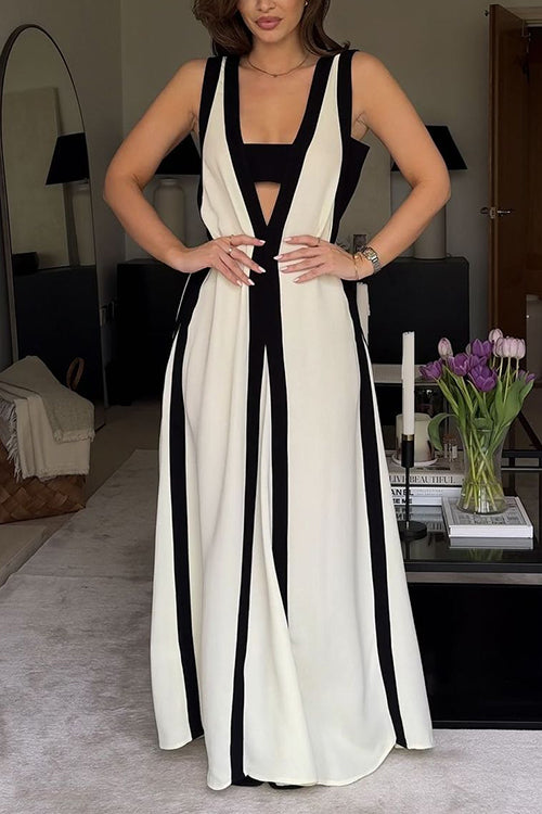 Heididress Deep V Neck Sleeveless Color Block Maxi Swing Dress