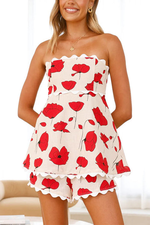 Scallop Trim Strapless Floral Print Romper