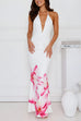 Heididress Halter V Neck Backless Ruched Flower Print Maxi Dress