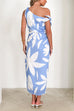 Tie Knot One Shoulder Abstract Leaf Print Midi Dress