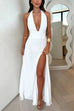 Heididress Deep V Neck Halter Tie Knot Backless Slit Maxi Dress