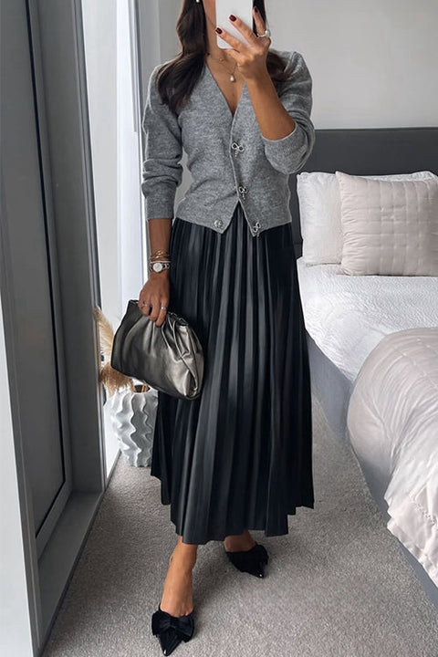 Faux Leather A-line Pleated Maxi Skirt