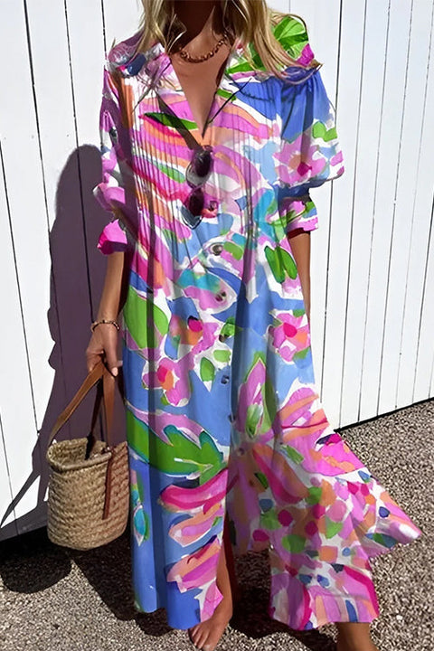 Heididress Ruched Button Down Balloon Sleeves Printed Maxi Dress