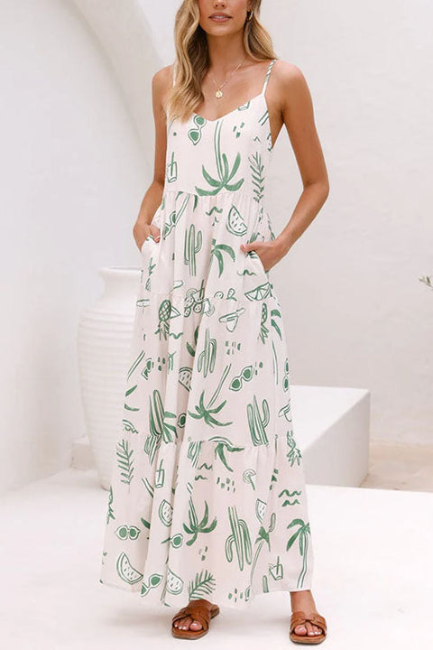 Adjustable Strap Tiered Palm Cactus Print Maxi Dress