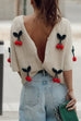 Heididress Short Sleeves Button Up Cherry Decorative Knit Sweater