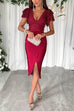 Heididress V Neck Ruffle Sleeves Slit Sequin Midi Party Dress