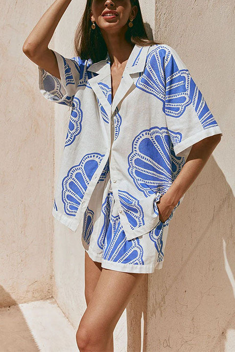 Heididress V Neck Short Sleeves Shirt and Drawstring Waist Shorts Seashell Print Set