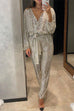 Heididress Wrap V Neck Tie Waist Sequin Jumpsuit