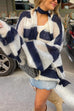 Heididress Lantern Sleeves Button Down Color Block Stripes Sweater with Scarf