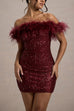 Heididress Off Shoulder Feather Trim Sequin Mini Party Dress