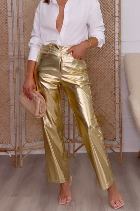 Heididress High Waist Straight Leg Shiny Faux Leather Pants