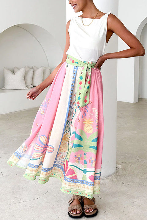 Tie Waist Slit Printed Swing Maxi Skirt